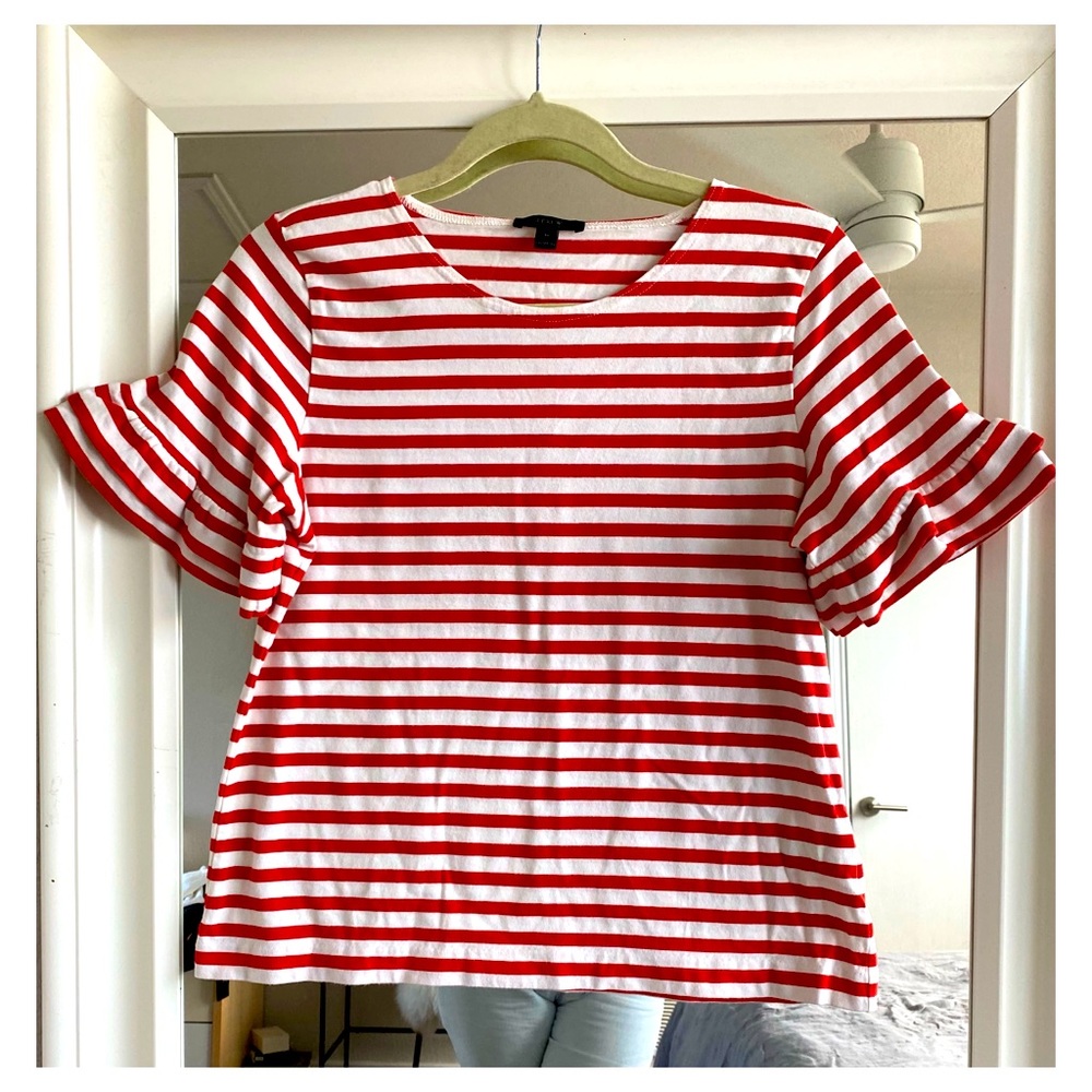 J.CREW - red & white striped ruffle sleeve top. Sz. M